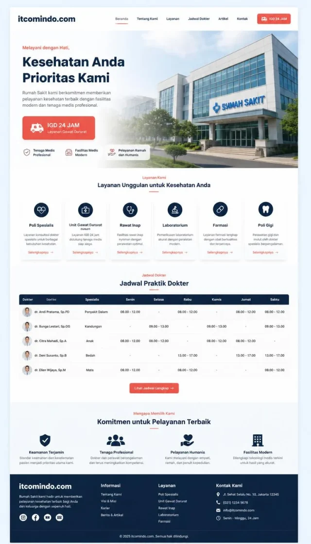 Contoh desain website rumah sakit layout minimal bold navy koral