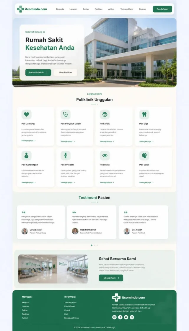 Contoh desain website rumah sakit layout kartu modern hijau mint krem